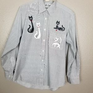 Get Lucky USA Pinstripe LS Cat Lovers Bling Blouse